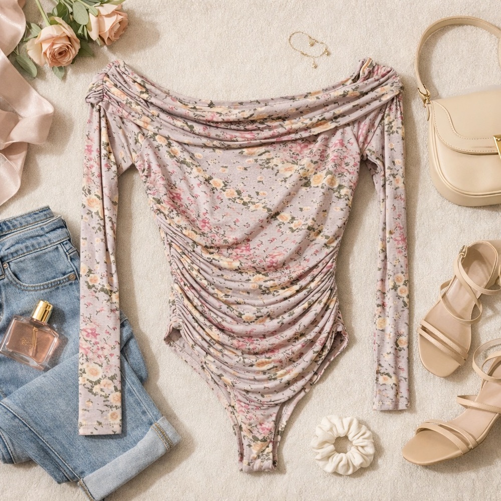 FORE Floral Long Sleeve Strapless Blouse Bodysuit - Cottagecore Vibes Size S